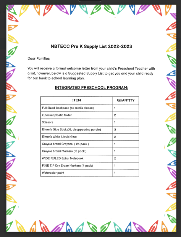 NBTSCC 2023-2024 School Supply List