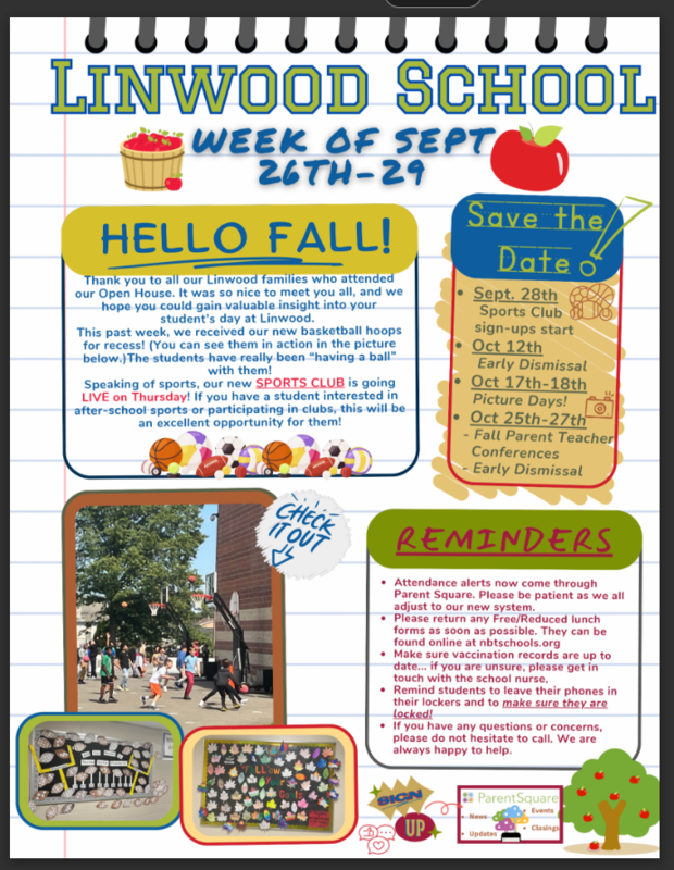 Linwood School Newsletter week of 9/24-9/29/23